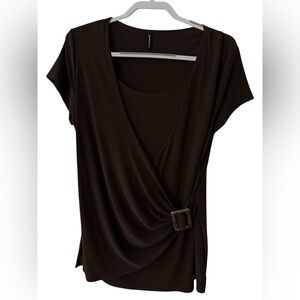 jason maxwell Brown Short-Sleeve Wrap Top with Buckle